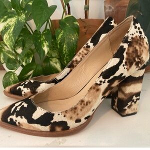 LOEFFLER RANDALL Pointed Toe Block Heel Pumps in Mixed Animal Fur Print - Size 7